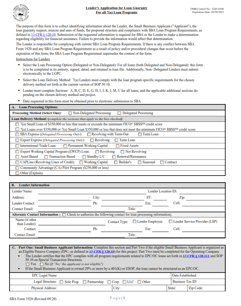 SBA Form 1920 - Lender's Application for Guaranty Page 1
