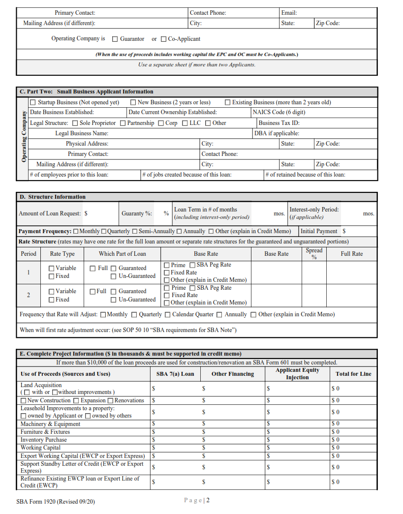 SBA Form 1920 - Lender's Application for Guaranty Page 2