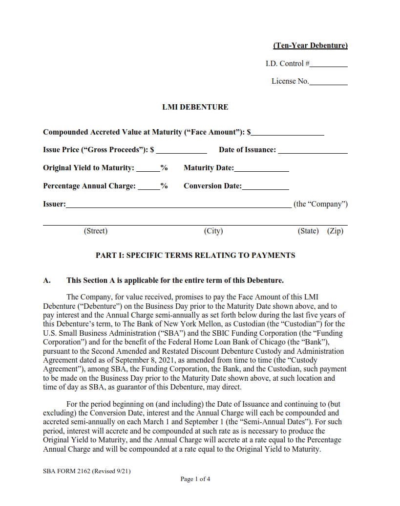 SBA Form 2162 - 10-Yr LMI Debenture Certification Form Page 1