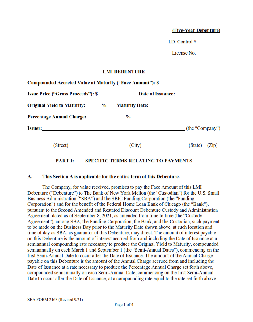 SBA Form 2163 - 5-Yr LMI Debenture Certification Form page 1