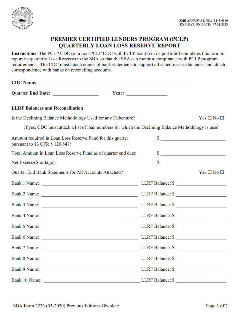 SBA Form 2233 - Premier Certified Lenders Program (PCLP) Quarterly Loan Loss Reserve Report Page 1