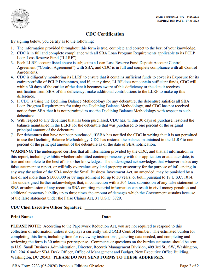 SBA Form 2233 - Premier Certified Lenders Program (PCLP) Quarterly Loan Loss Reserve Report Page 2