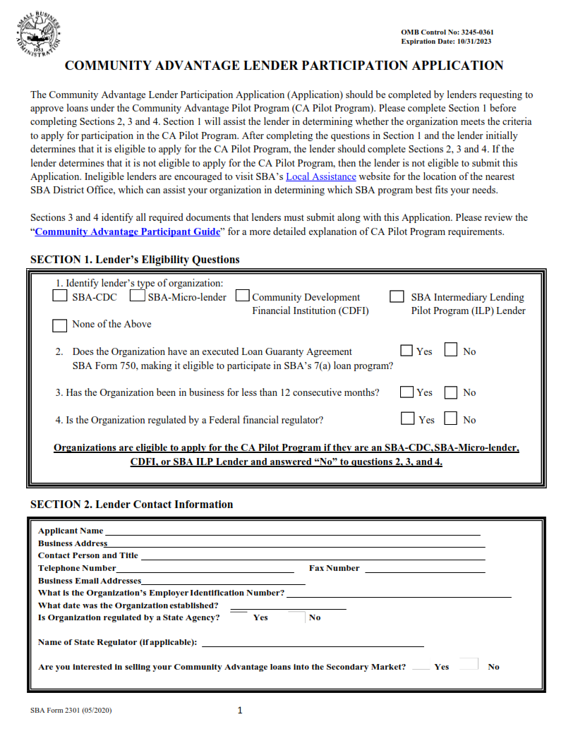 SBA Form 2301 - Community Advantage Lender Participation Application page 1