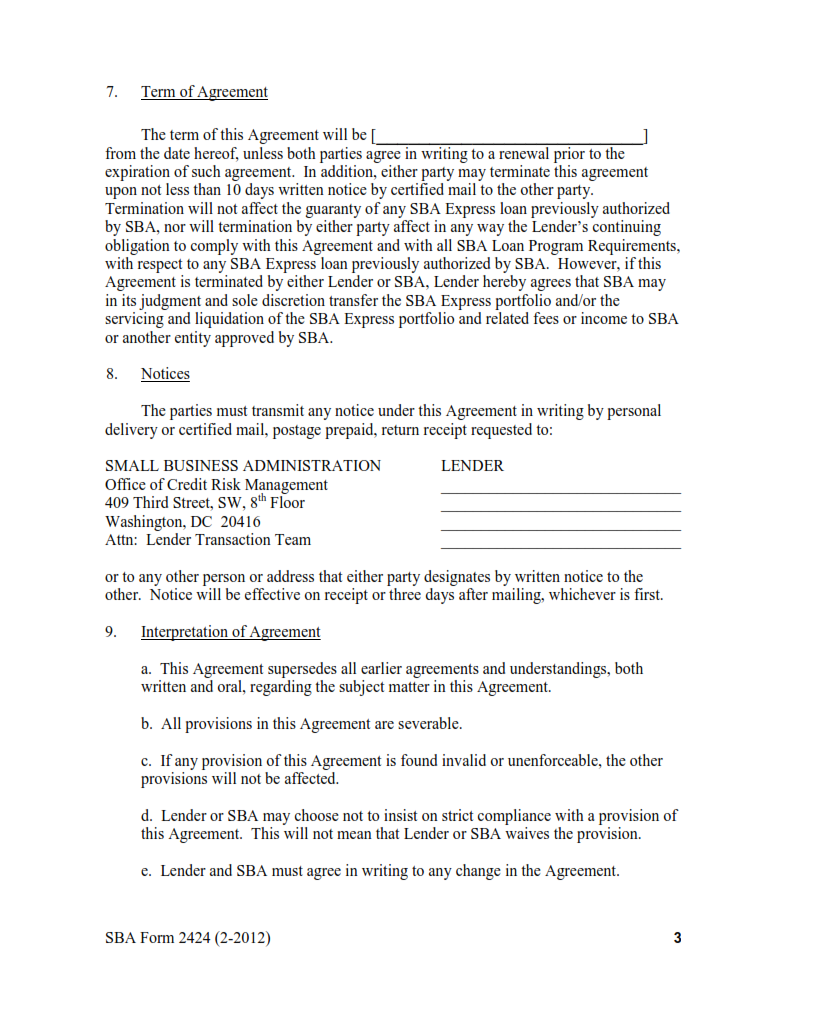 SBA Form 2424 - Supplemental Loan Agreement SBA Express Program Page 3
