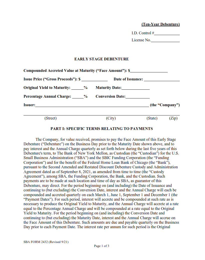SBA Form 2432 - Early Stage Discount Debenture Certification Page 1