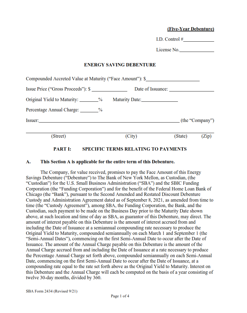 SBA Form 2434 - 5 Yr Energy Saving Debenture Certification Page 1