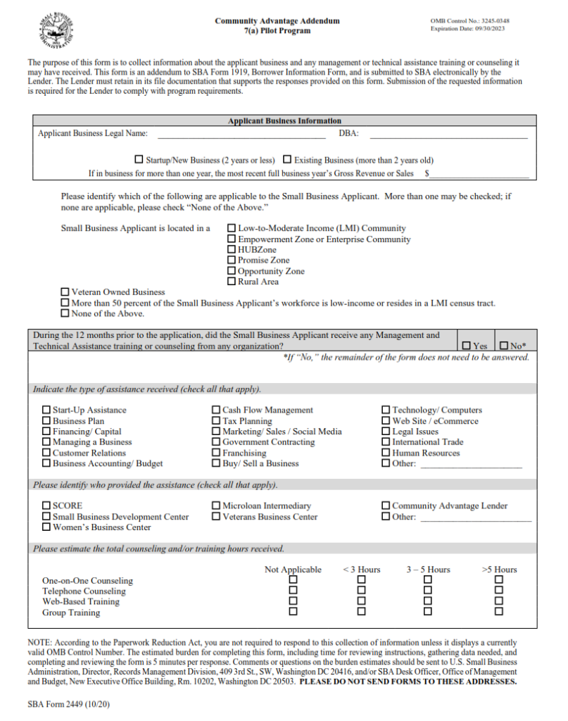 SBA Form 2449 – Community Advantage Addendum (7(a) Pilot Program ...