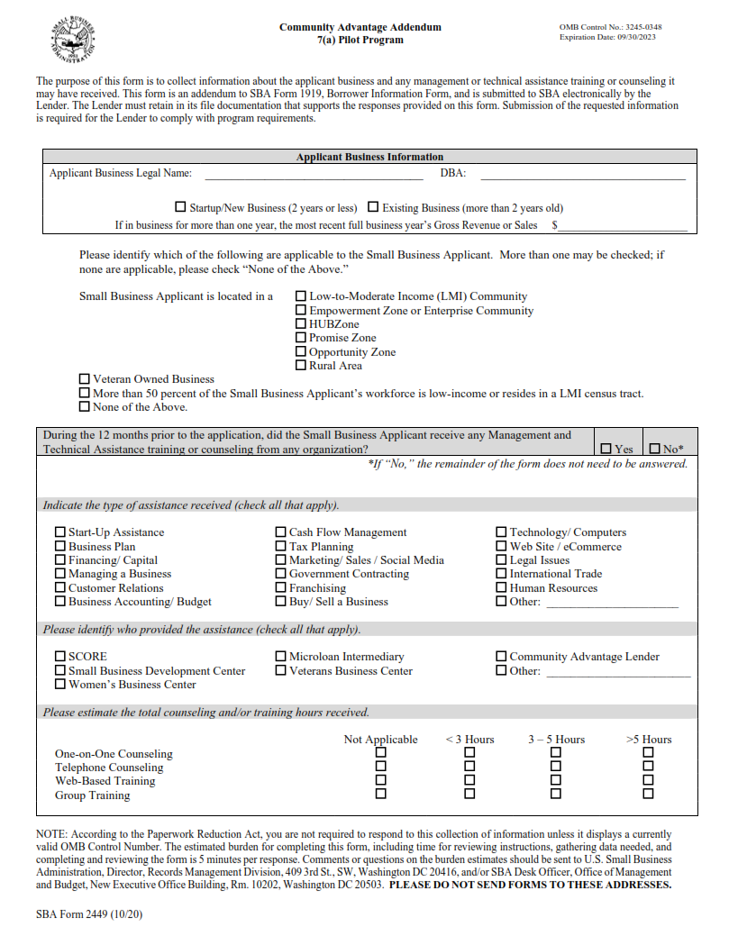 SBA Form 2449 - Community Advantage Addendum (7(a) Pilot Program)