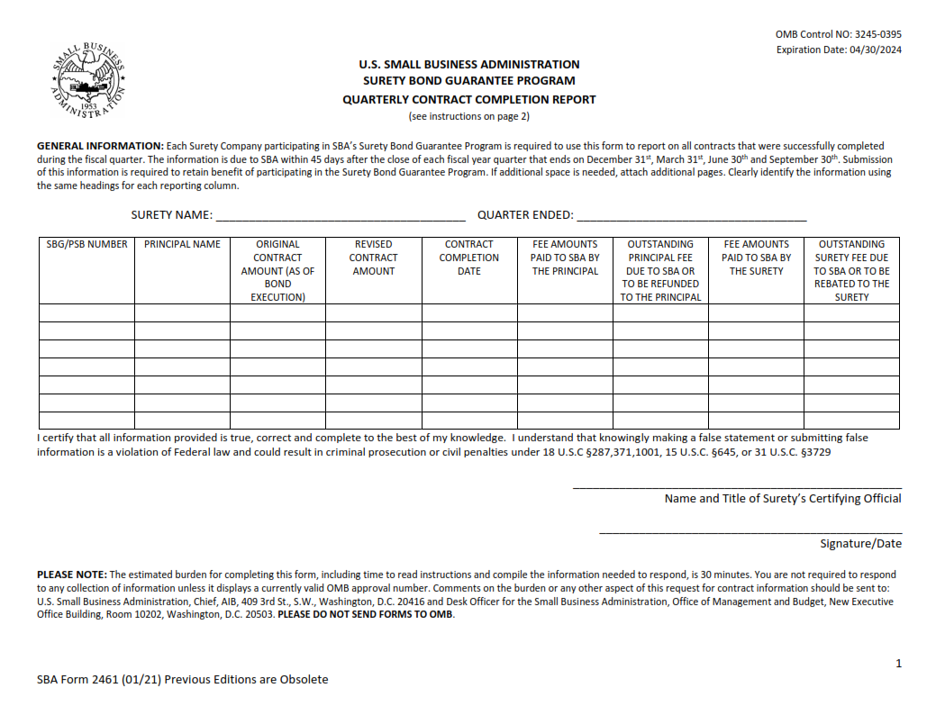 SBA Form 2461 - Quarterly Contract Completion Report Page 1