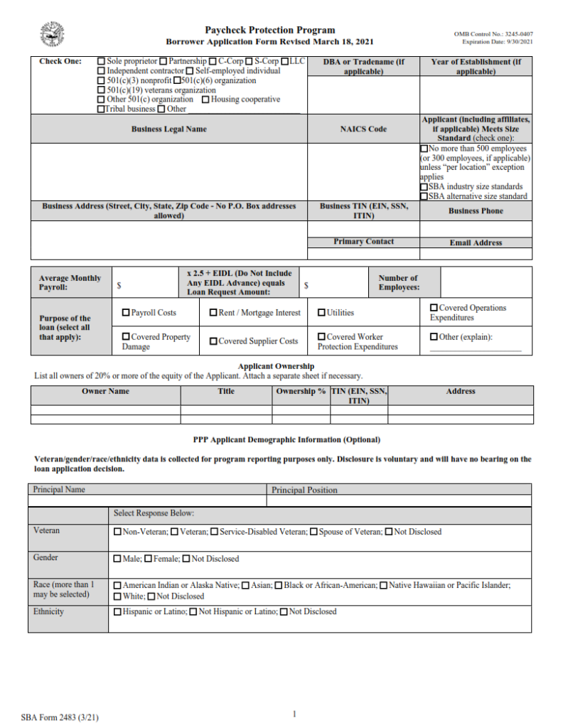 SBA Form 2483 PPP First Draw Borrower Application Form Origin Form