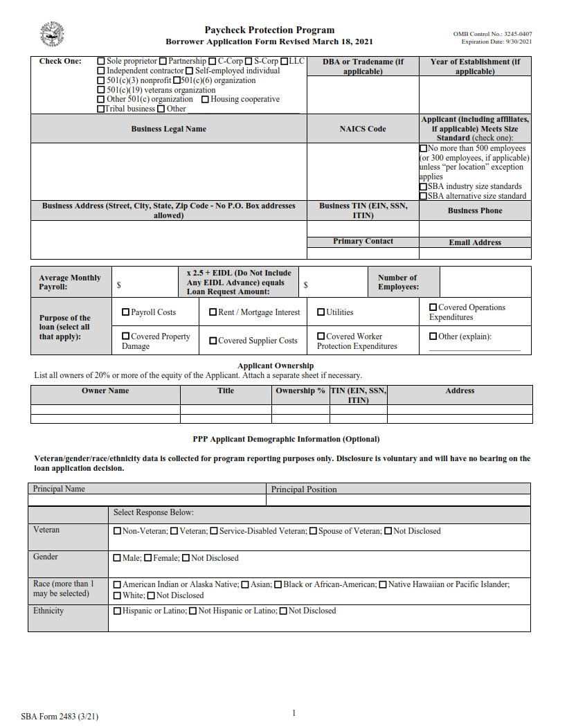 SBA Form 2483 - PPP First Draw Borrower Application Form Page 1