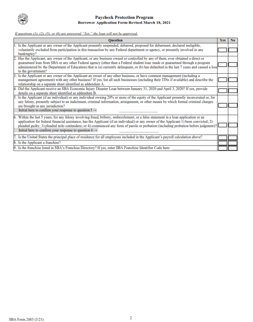 SBA Form 2483 PPP First Draw Borrower Application Form Origin Form