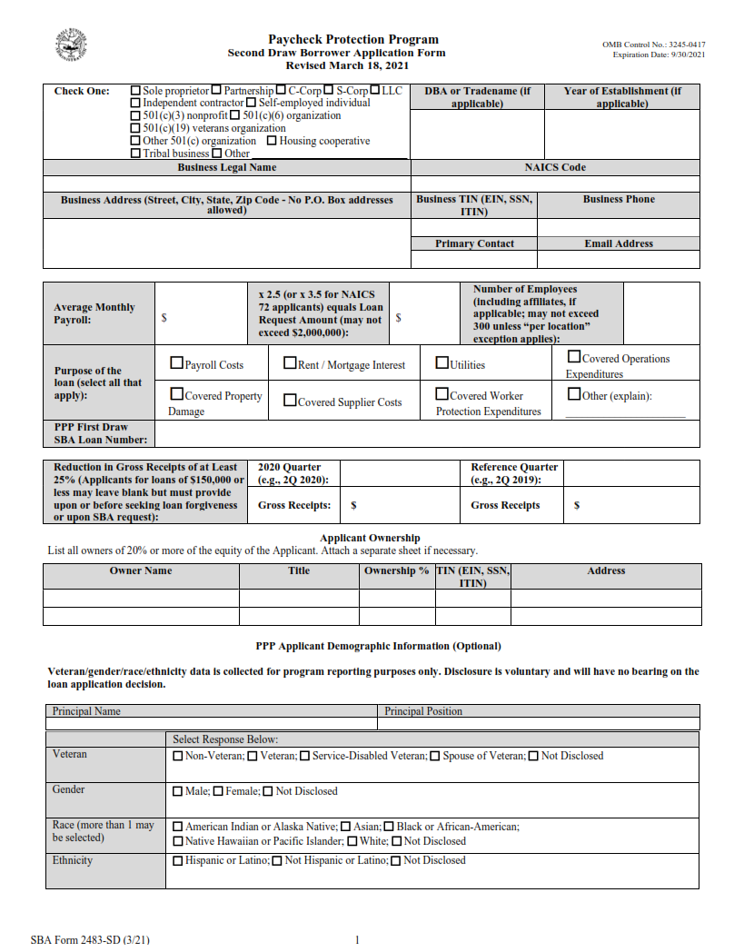 SBA Form 2483-SD - PPP Second Draw Borrower Application Form Page 1
