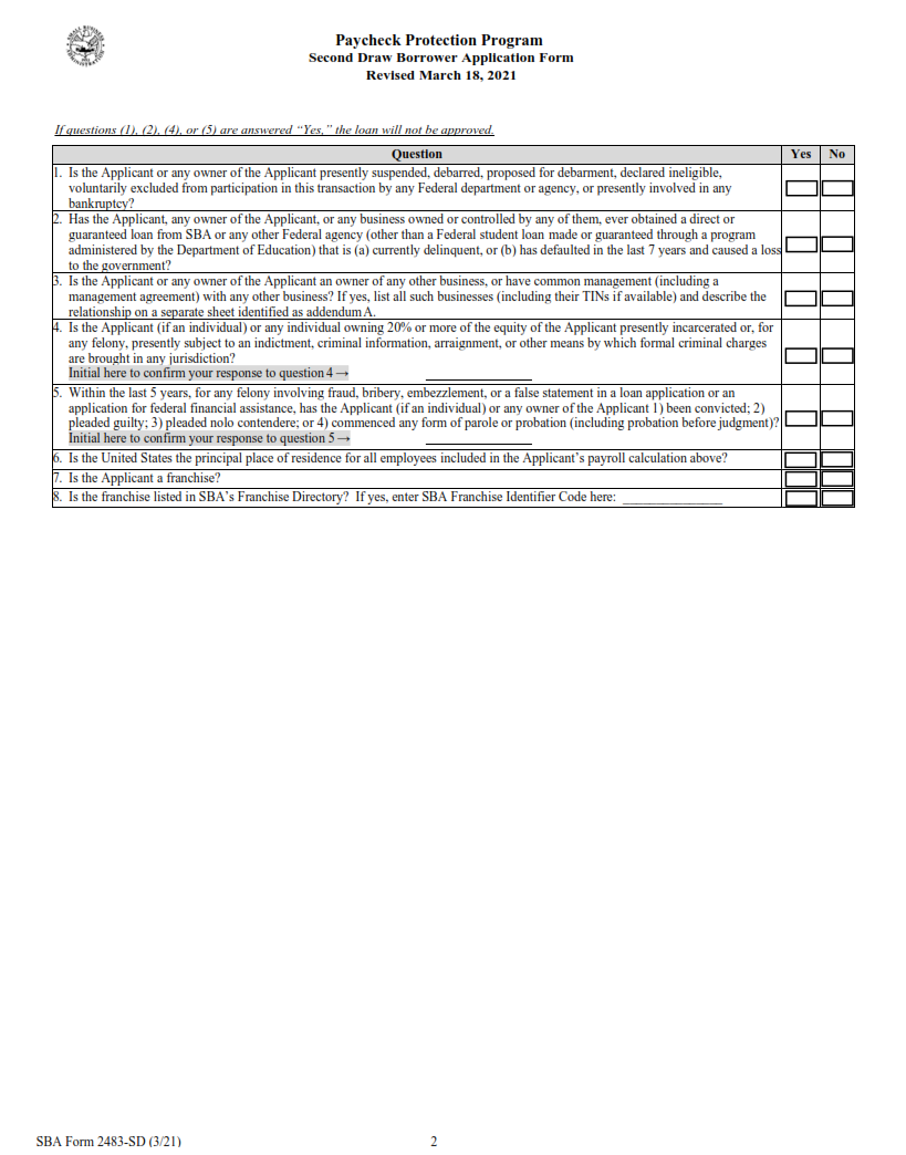 SBA Form 2483-SD - PPP Second Draw Borrower Application Form Page 2