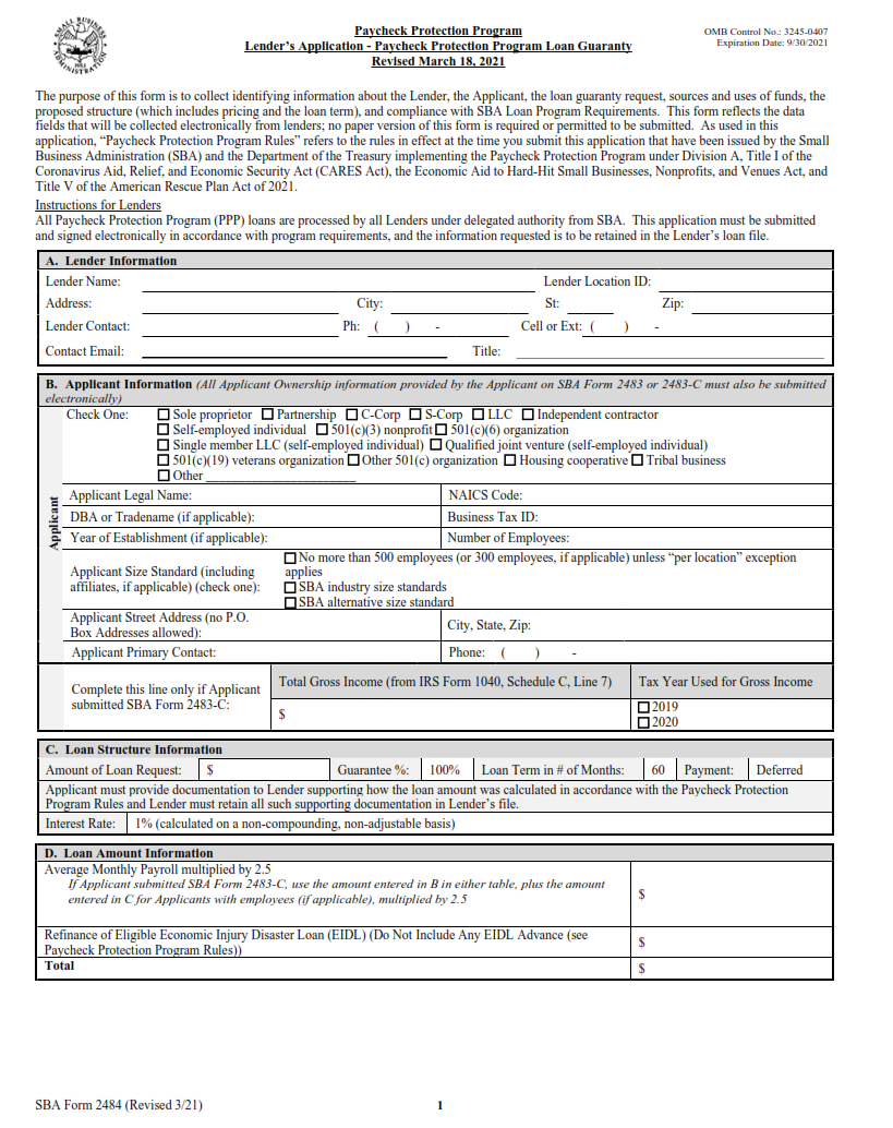 SBA Form 2484 - Lender Application Form - Paycheck Protection Program Loan Guaranty Page 1