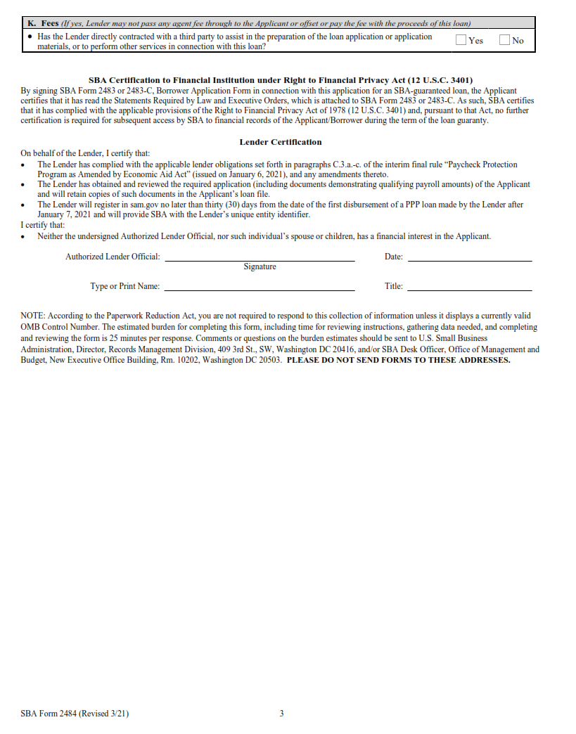 SBA Form 2484 - Lender Application Form - Paycheck Protection Program Loan Guaranty Page 3
