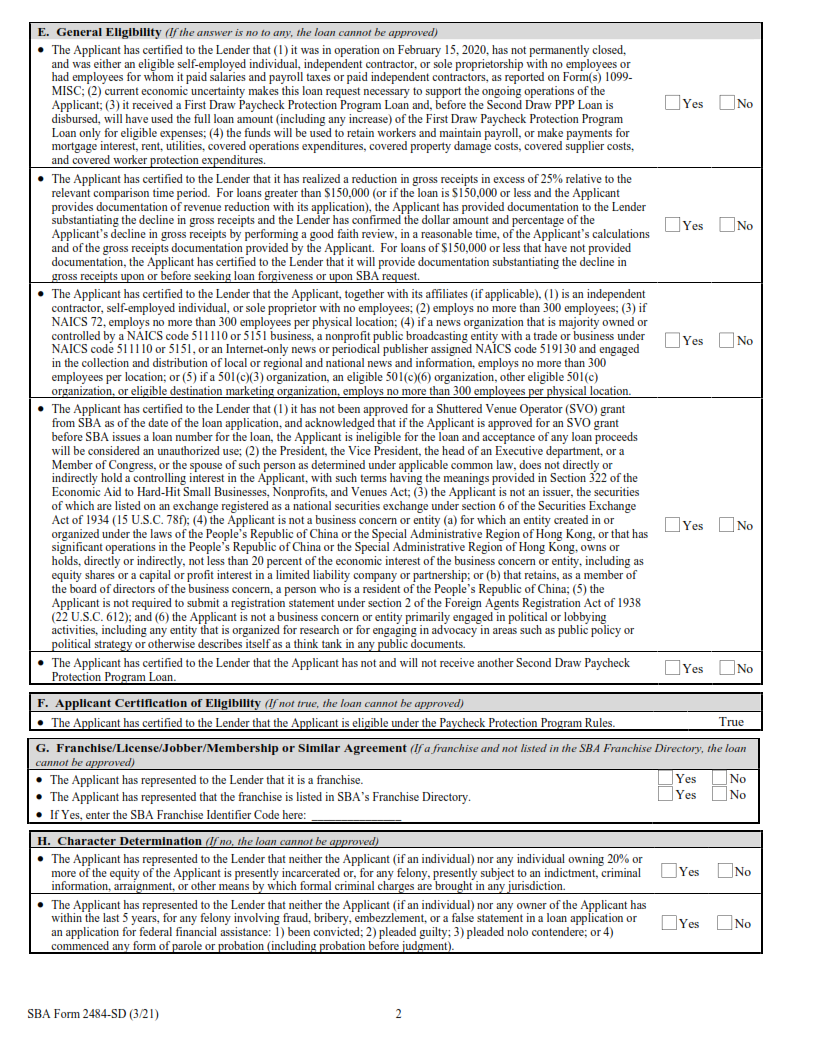 SBA Form 2484-SD - PPP Second Draw Lender Application Form Page 2