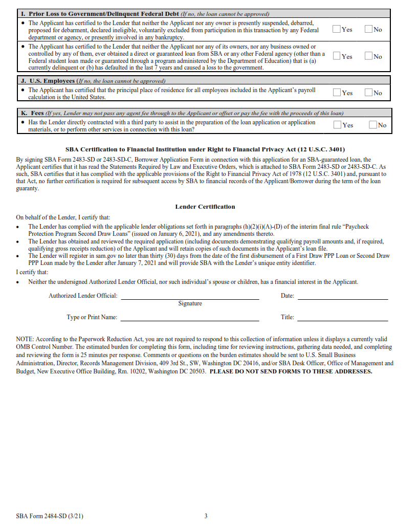 SBA Form 2484-SD - PPP Second Draw Lender Application Form Page 3
