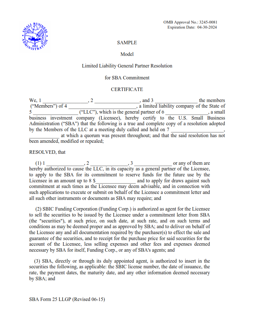 SBA Form 25 LLGP - Model Limited Liability General Partner Certificate for SBA Commitment Page 1
