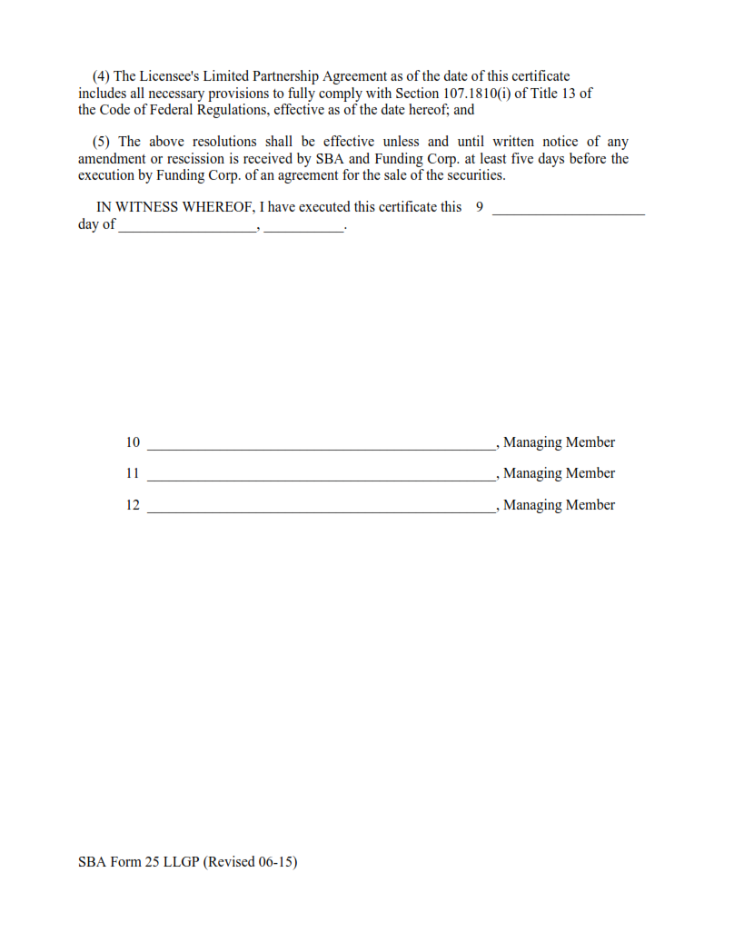 SBA Form 25 LLGP - Model Limited Liability General Partner Certificate for SBA Commitment Page 2