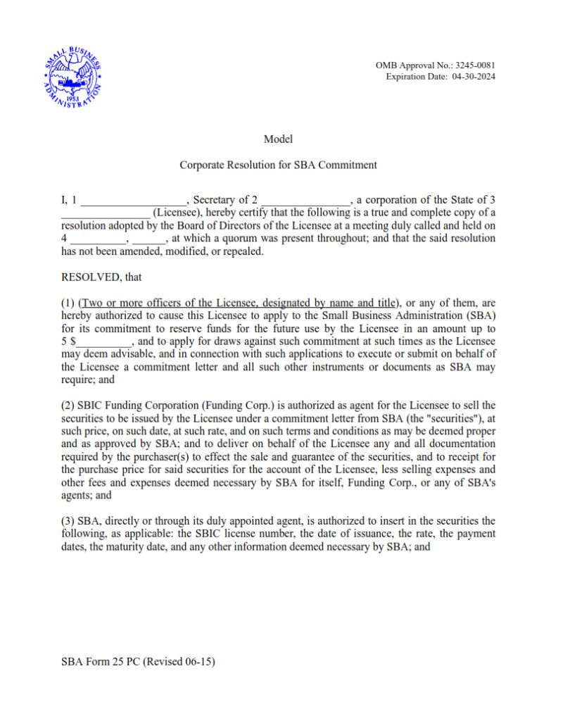 SBA Form 25 PC – Model Corporate Resolution for SBA Commitment | Origin ...
