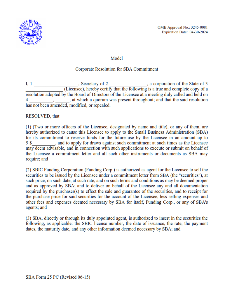 SBA Form 25 PC - Model Corporate Resolution for SBA Commitment Page 1