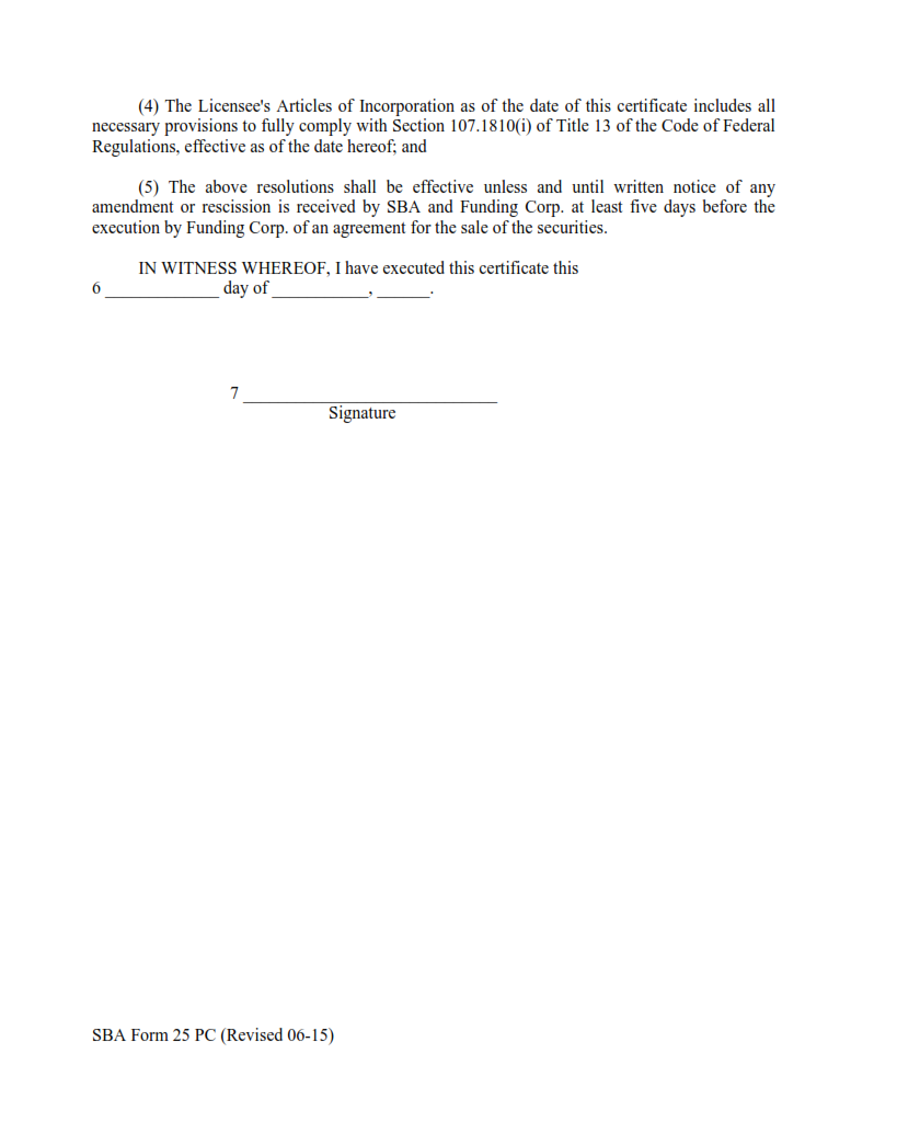 SBA Form 25 PC - Model Corporate Resolution for SBA Commitment Page 2