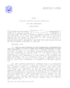 SBA Form 25 PCGP - Model Corporate General Partner Resolution for SBA Commitment Page 1