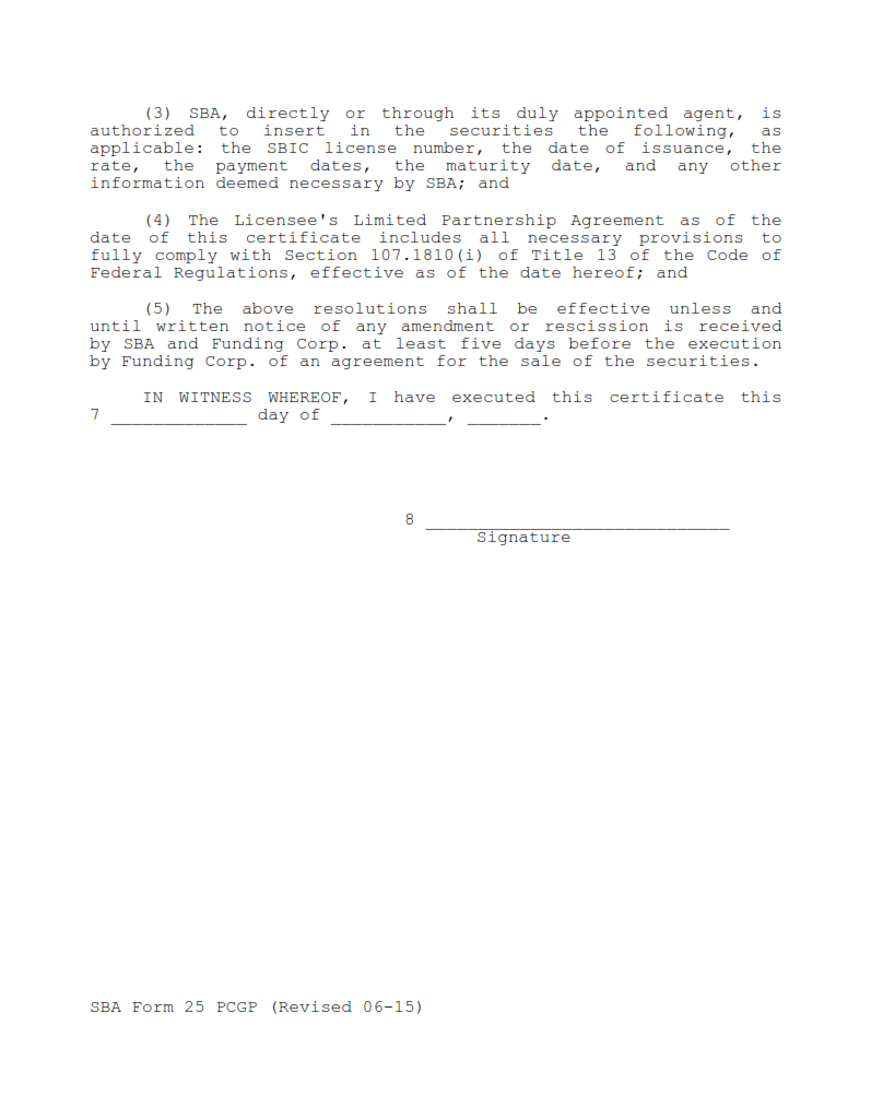 SBA Form 25 PCGP - Model Corporate General Partner Resolution for SBA Commitment Page 2