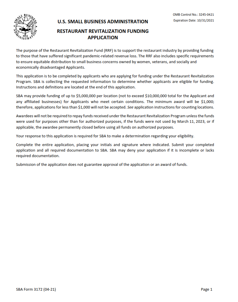 SBA Form 3172 - Restaurant Revitalization Funding Application Sample Page 1