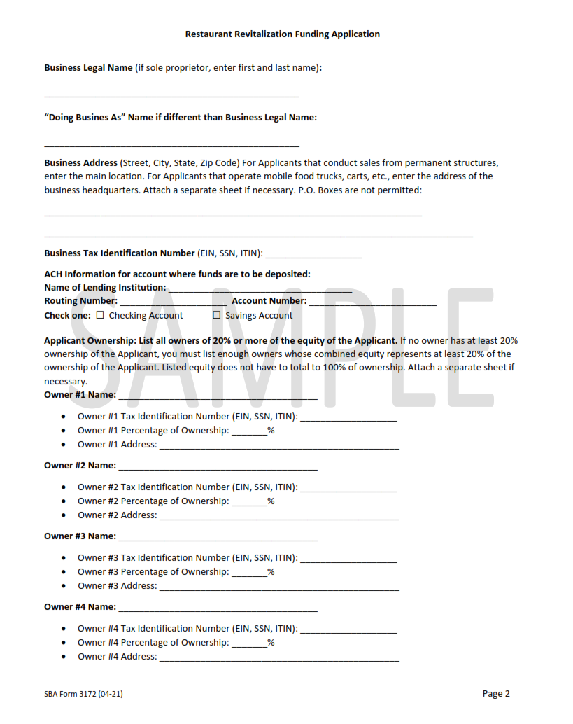 SBA Form 3172 - Restaurant Revitalization Funding Application Sample Page 2