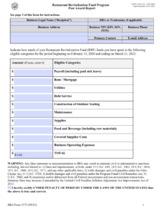 SBA Form 3173 - Restaurant Revitalization Fund Program Post Award Report Page 1