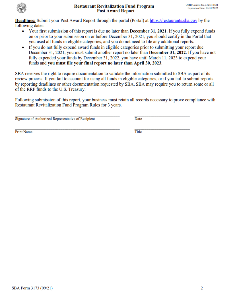 SBA Form 3173 - Restaurant Revitalization Fund Program Post Award Report Page 2