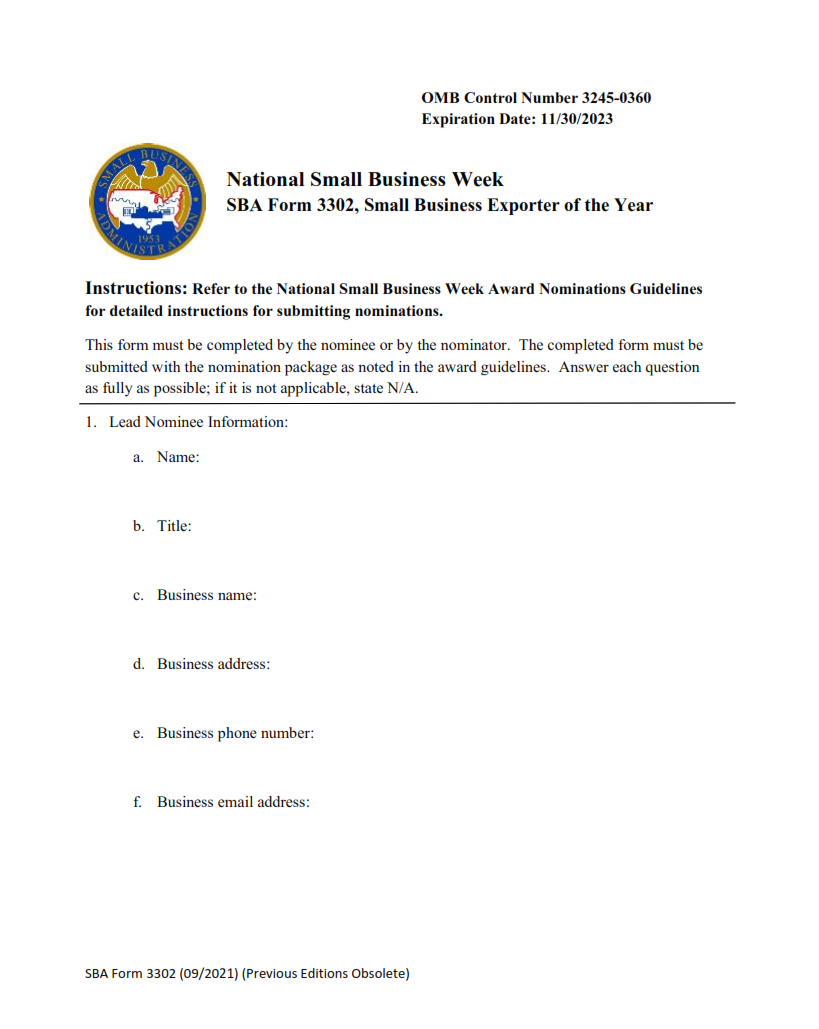 SBA Form 3302 - Nomination Form for Small Business Exporter of the Year page 1