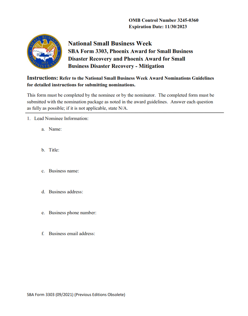 SBA Form 3303 - Nomination Form for the Phoenix Awards for Small Business Disaster Recovery and Mitigation Page 1