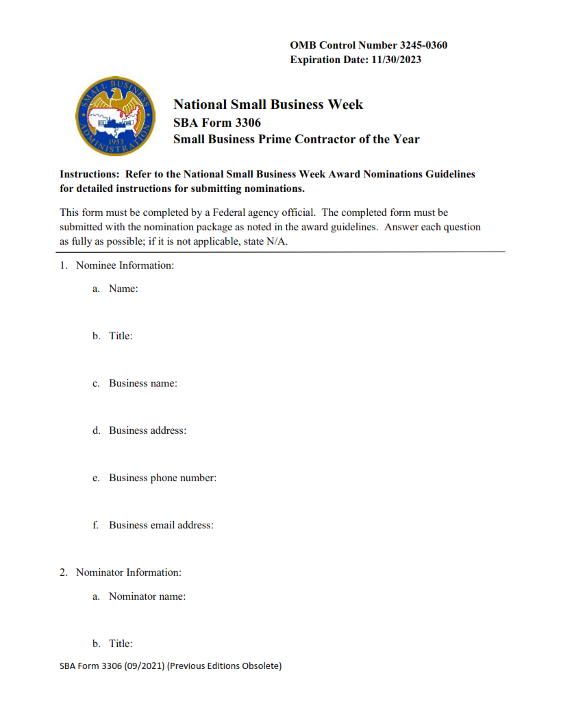 SBA Form 3306 - Nomination Form for Small Business Prime Contractor of the Year Page 1