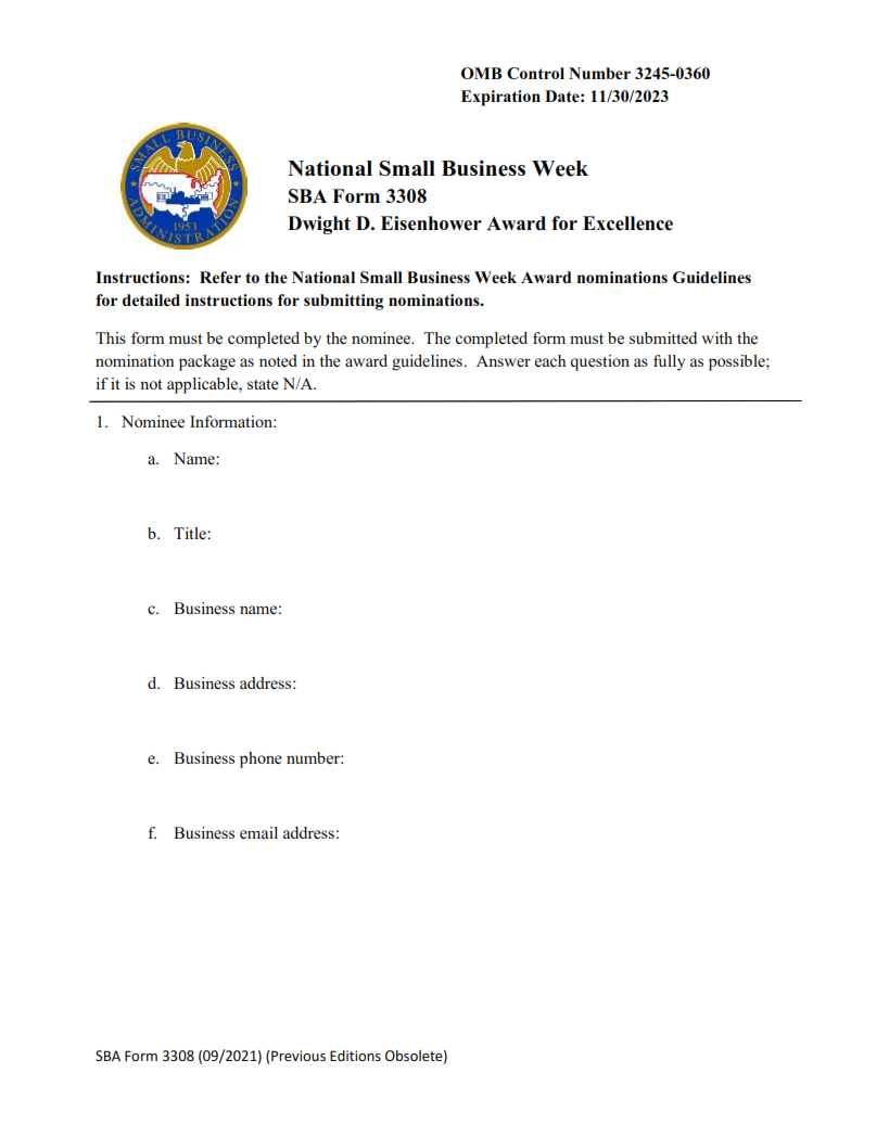 SBA Form 3308 - Nomination Form for Dwight D. Eisenhower Award for Excellence Award Page 1