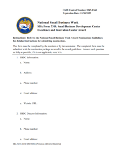 SBA Form 3310 - Nomination Form for Small Business Development Center Excellence and Innovation Center Award Page 1
