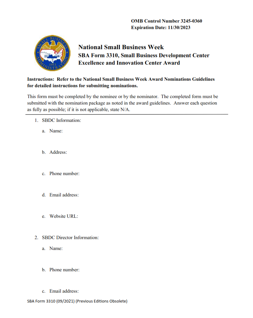 SBA Form 3310 - Nomination Form for Small Business Development Center Excellence and Innovation Center Award Page 1