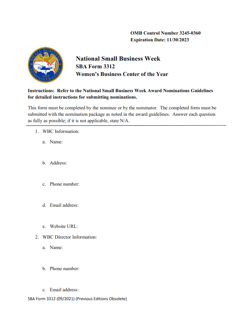 SBA Form 3312 - Nomination Form for Women’s Business Center of the Year Award Page 1