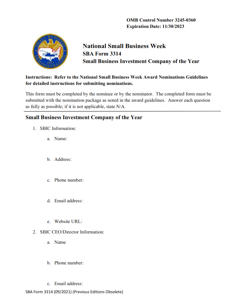 SBA Form 3314 - Nomination Form for Small Business Investment Company of the Year Award page 1