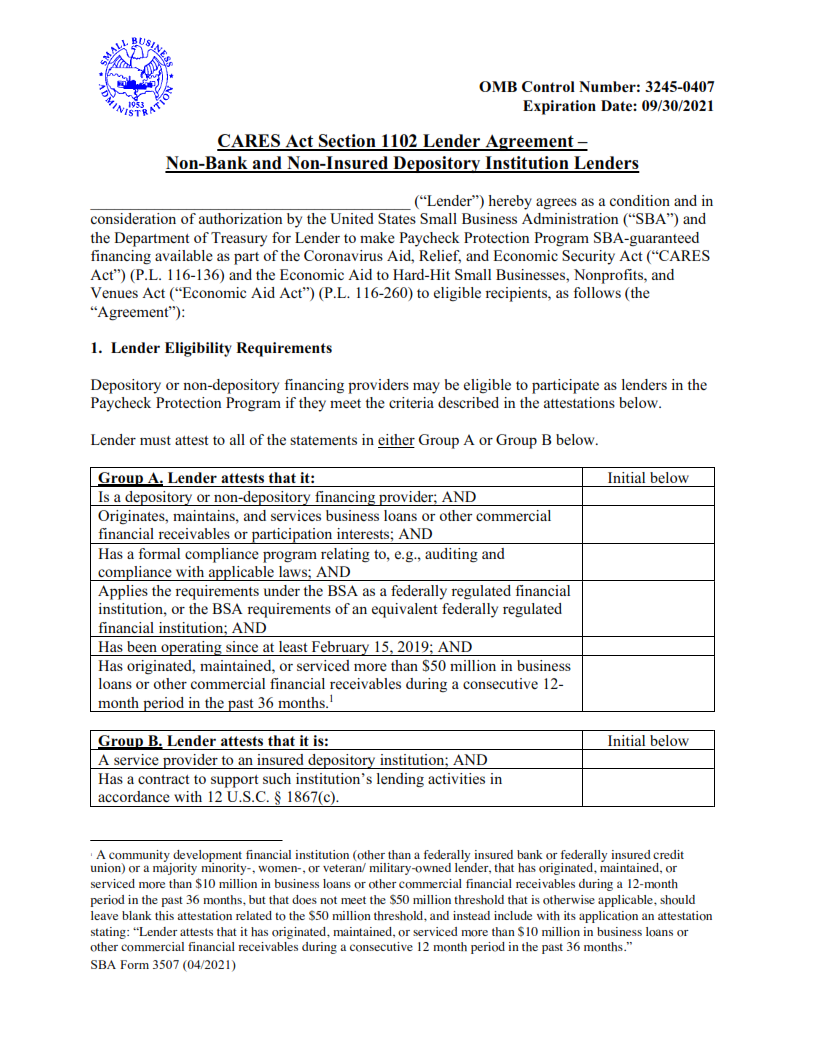 SBA Form 3507 - PPP Lender Agreement (Non-Bank) Page 1
