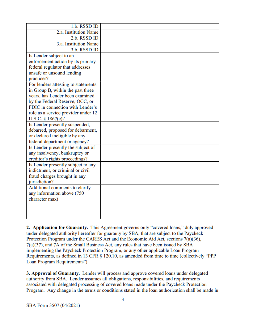 SBA Form 3507 - PPP Lender Agreement (Non-Bank) Page 3