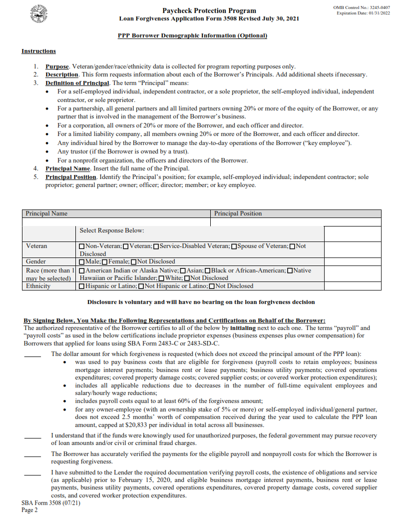 SBA Form 3508 - PPP Loan Forgiveness Application + Instructions Page 2