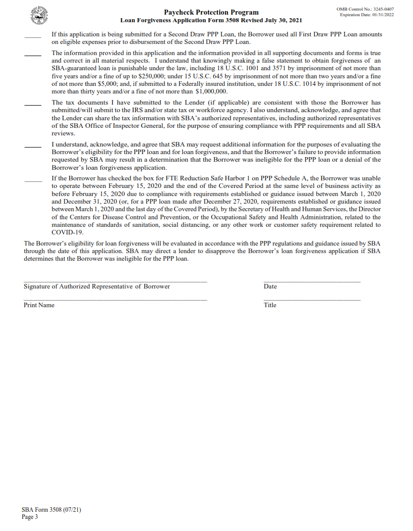 SBA Form 3508 - PPP Loan Forgiveness Application + Instructions Page 3