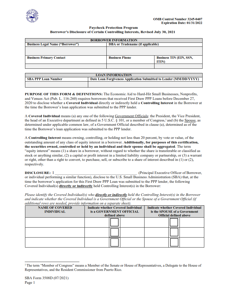 SBA Form 3508D - Paycheck Protection Program Borrower’s Disclosure of Certain Controlling Interests Page 1