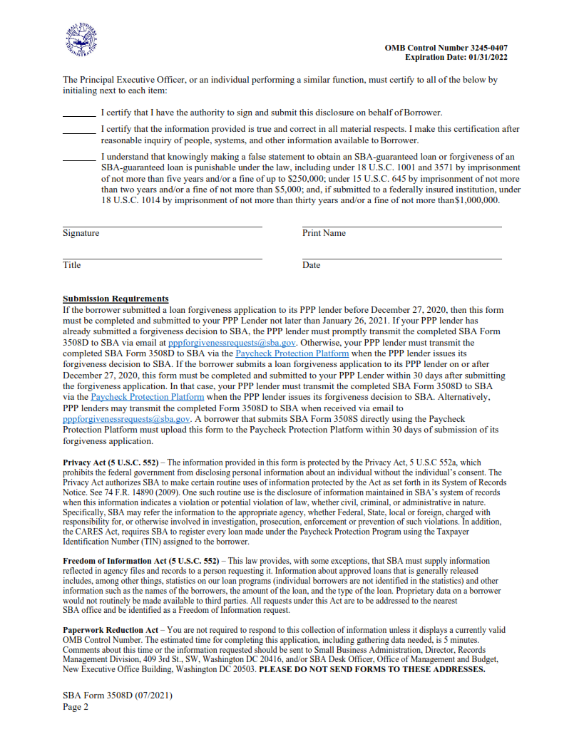 SBA Form 3508D - Paycheck Protection Program Borrower’s Disclosure of Certain Controlling Interests Page 2