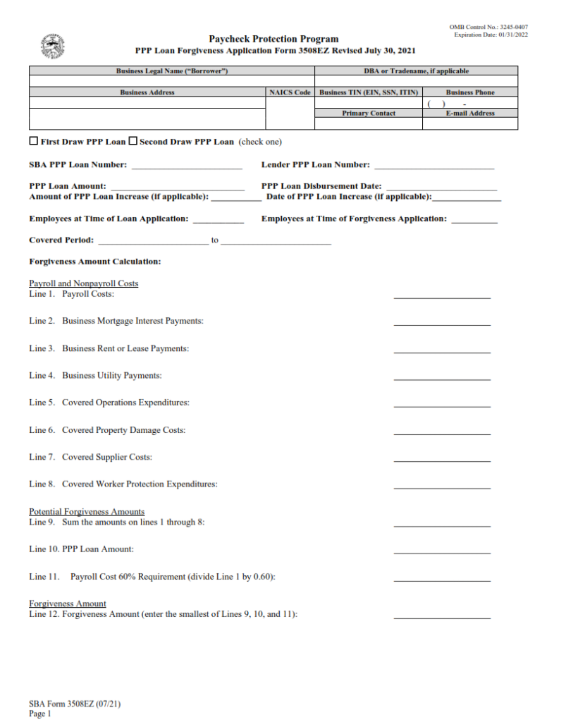 SBA Form 3508EZ PPP EZ Loan Application + Instructions