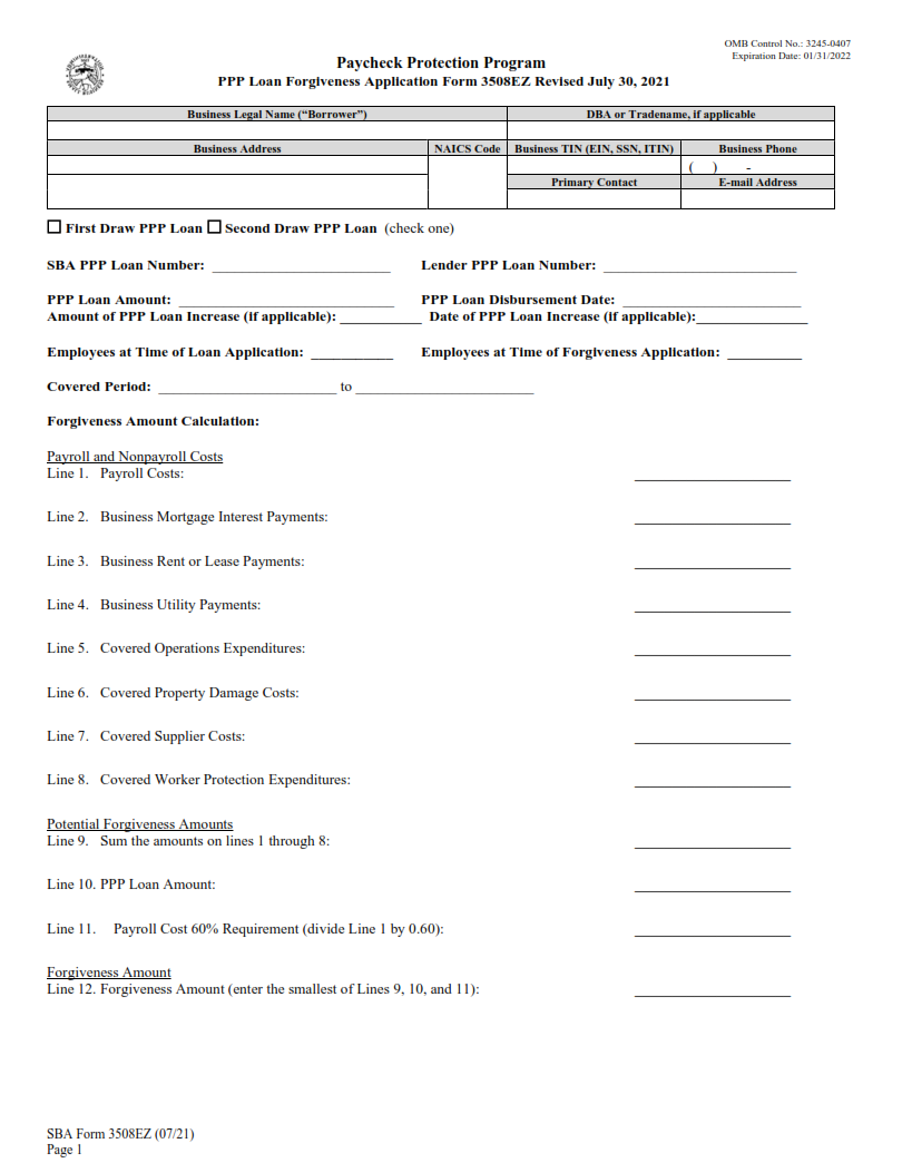 SBA Form 3508EZ - PPP EZ Loan Forgiveness Application + Instructions Page 1