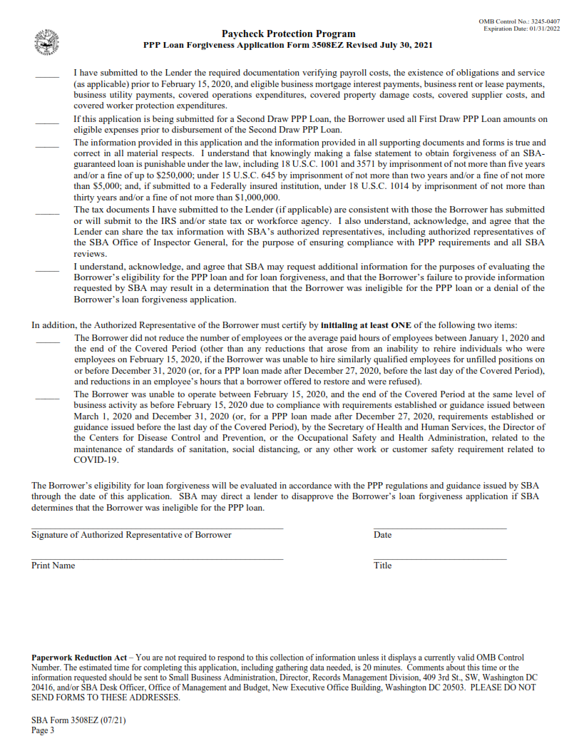 SBA Form 3508EZ - PPP EZ Loan Forgiveness Application + Instructions Page 3